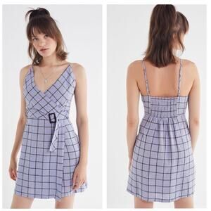Urban Outfitters Amanda Linen Mini Dress XS Purple Plaid Check Belted Wrap